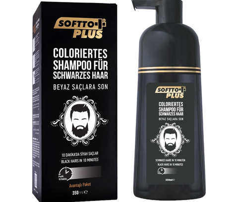 Softto+ Plus Schwarz Grauhaar Abdeckungs Shampoo – Weiße & graue Haare in 10 Min. abdecken | Haarshampoo | Intensives Schwarz-Färbeshampoo ohne Ammoniak | Schnelle Anwendung inkl. Handschuhe – Für Männer & Frauen