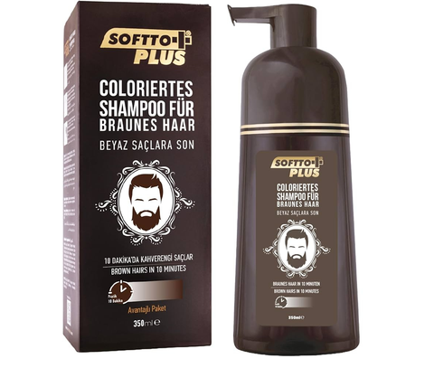 Softto+ Plus Grauhaar Abdeckungs Shampoo – Weiße & graue Haare in 10 Minuten abdecken | Haarshampoo |Braunes Färbeshampoo ohne Ammoniak | Schnelle Anwendung, inkl. Handschuhe – Für Männer & Frauen